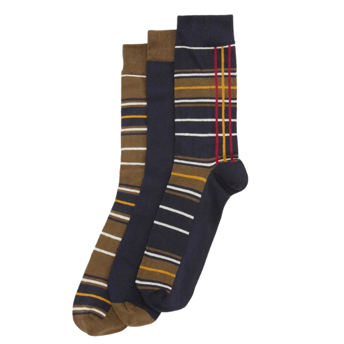 Three pairs of striped socks in brown, blue, and plaid patterns on a white background.
