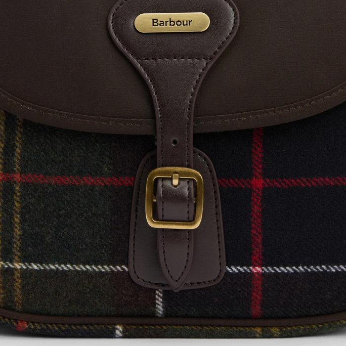Tartan bag with a brown strap and gold buckle, featuring the Barbour logo.