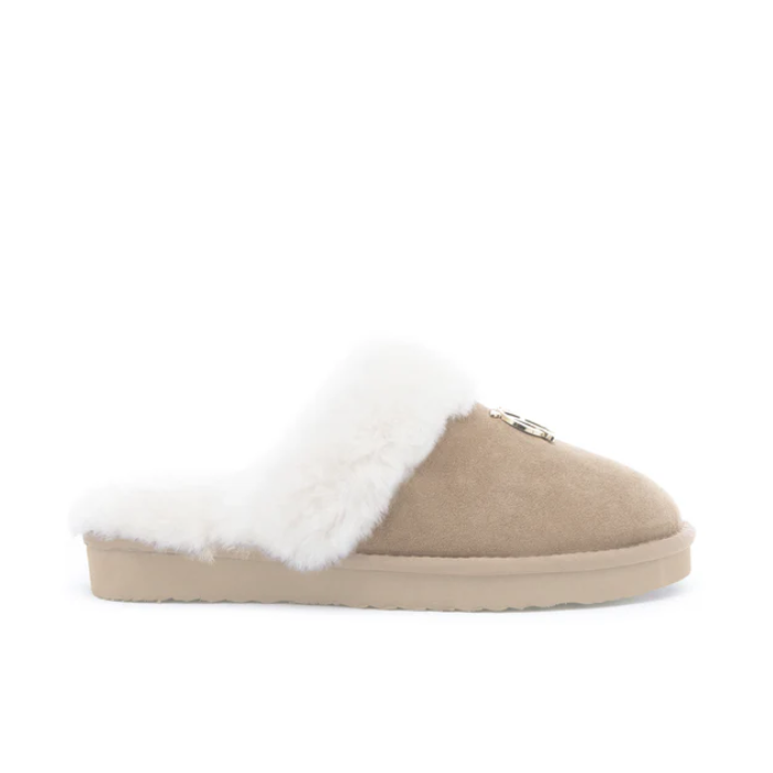 Beige slipper with white fur lining on a white background