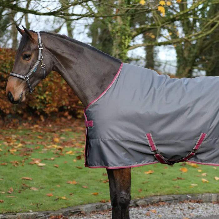Horse wearing a grey rug with pink trim in an outdoor setting