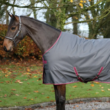 Horse wearing a grey rug with pink trim in an outdoor setting