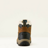 Brown winter boot with black sole on a white background