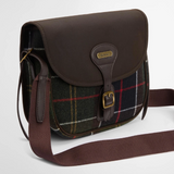 Brown leather and tartan fabric bag on a white background