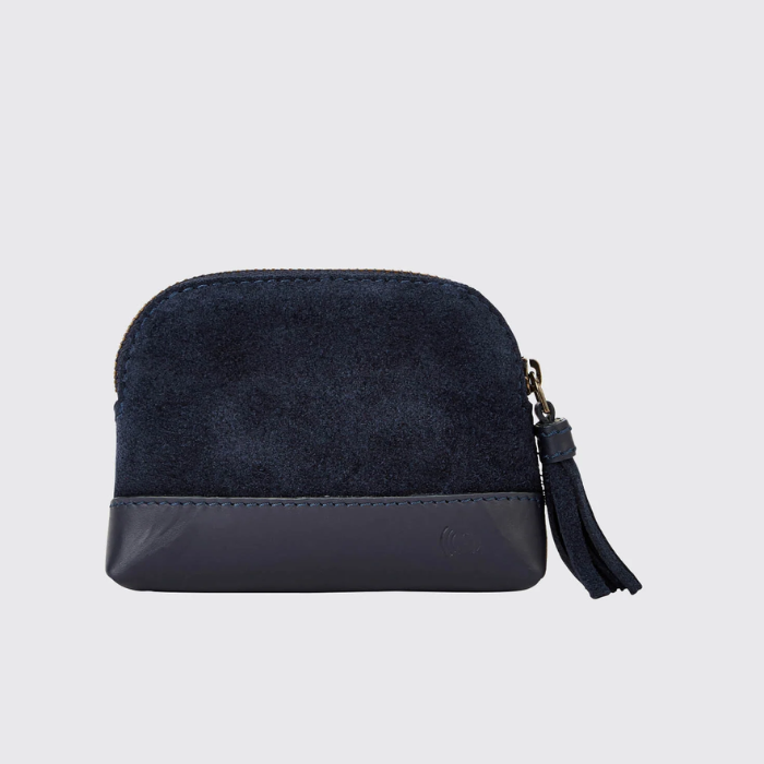 Navy blue coin purse with a zipper on a light grey background