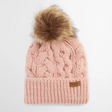 Pink knit beanie with a fur pom-pom on a white background