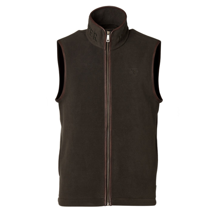 Khaki fleece vest with a brand logo on a white background
