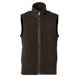 Khaki fleece vest with a brand logo on a white background