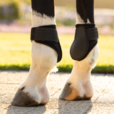 Horse legs wearing protective boots on a blurred outdoor background