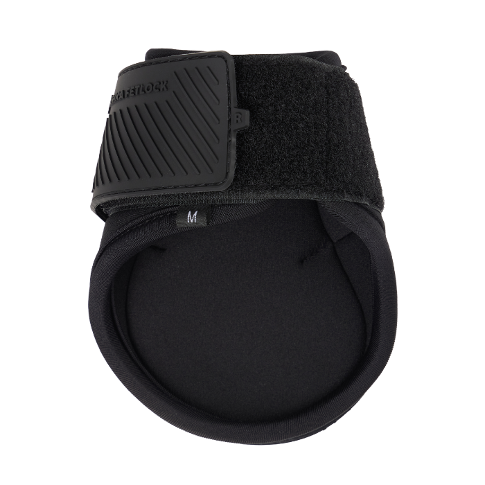 Black protective horse boot on a white background