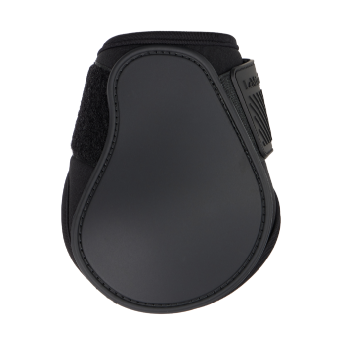 Black protective horse boot with a strap on a white background