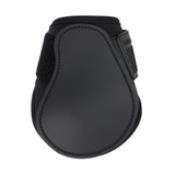 Black protective horse boot with a strap on a white background