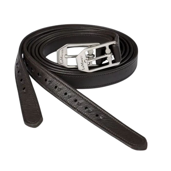 Black leather stirrup leathers with silver buckle on a white background
