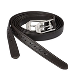 Black leather stirrup leathers with silver buckle on a white background