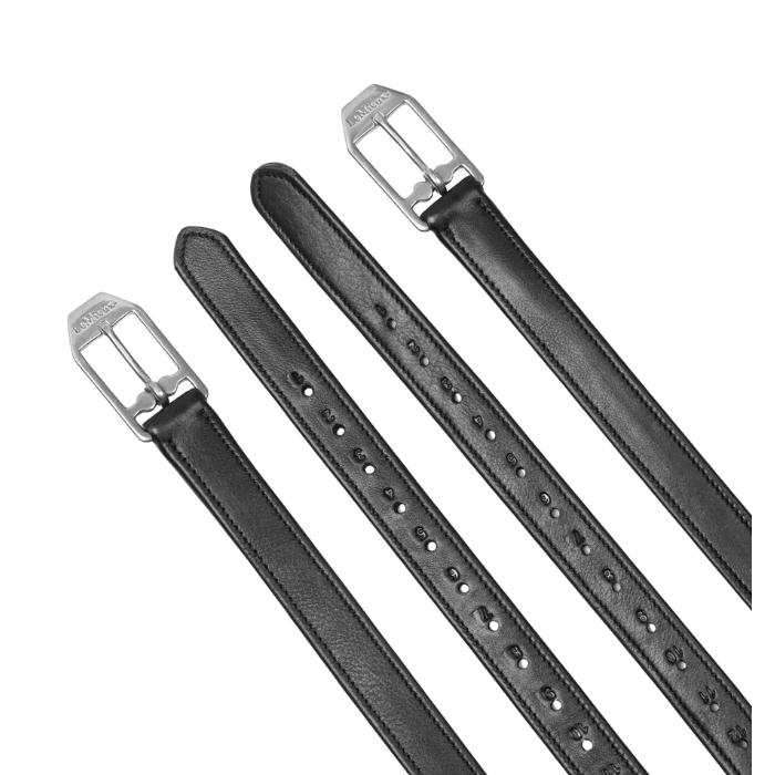 Two black lstirrup leathers with silver buckles on a white background