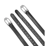 Two black lstirrup leathers with silver buckles on a white background