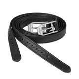 Black leather stirrup leather with silver buckle on a white background