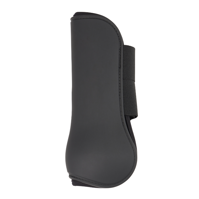 Black protective horse leg boots on a white background