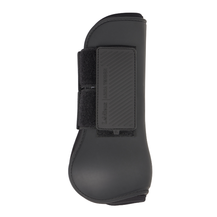 Black horse boot with Velcro straps on a white background