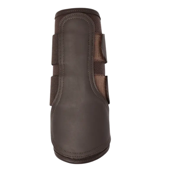 Brown horse boot with straps on a white background