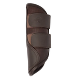 Brown horse boot with straps on a white background