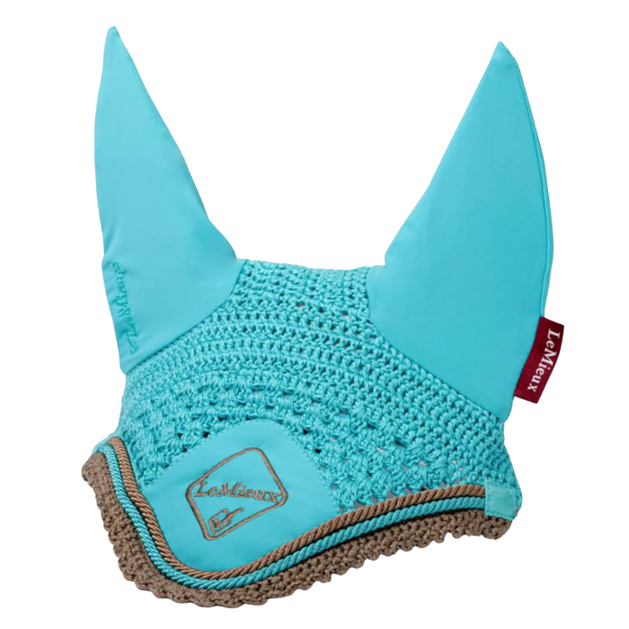 Turquoise ear bonnet with brown trim on a white background