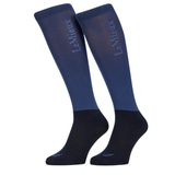 Pair of blue knee-high socks with black toes and cuffs on a white background