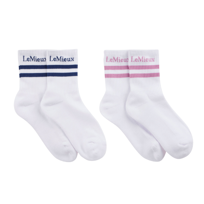4 White socks with pink and blue stripes on white background