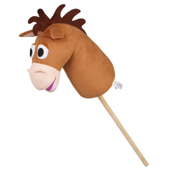 Plush horse head on a stick with a white background
