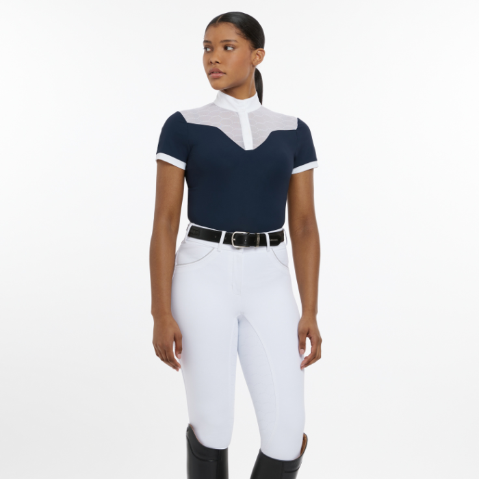 Woman wears LeMieux Emily Short Sleeve Show Shirt in Navy