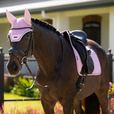 Horse wearing a pink bonnet and saddle pad in an outdoor setting