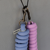 Blue and pink braided horse leadropes with brass hooks on a grey background