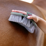Person using a green horse brush on a horse's coat