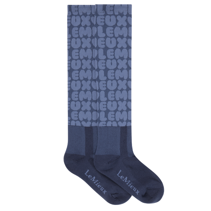 Blue pair of socks with bubble writing on a white background
