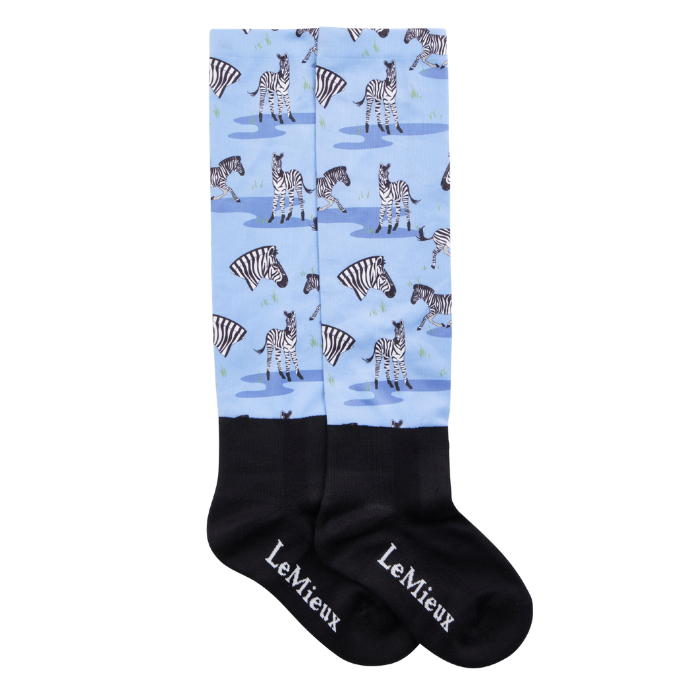 Blue pair of socks with zebra pattern on a white background