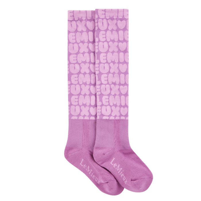 Pink pair of socks with bubble writing on a white background