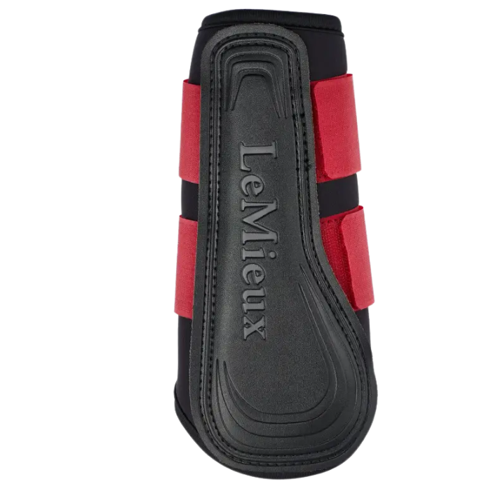 Black and red equestrian leg guard with 'LeMieux' branding on a white background