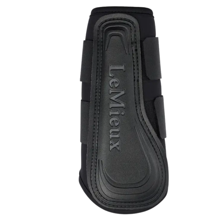 Black equestrian leg guard with 'LeMieux' branding on a white background