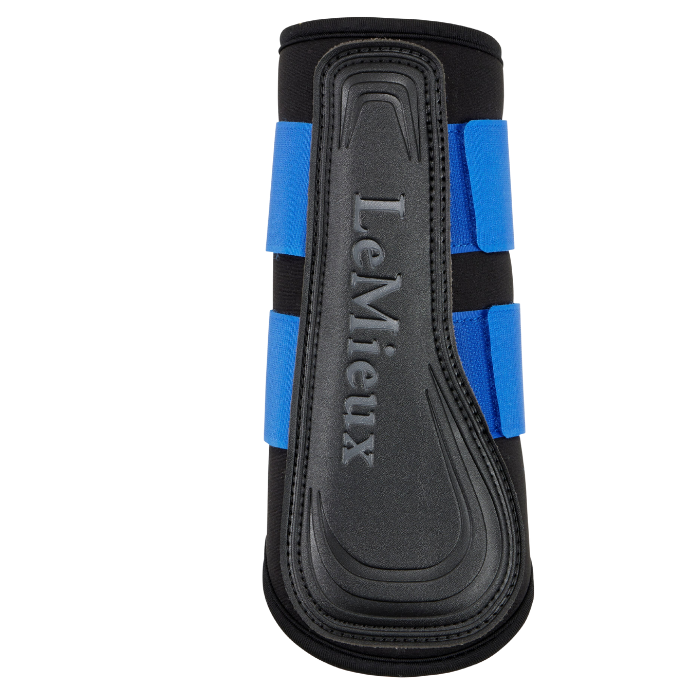 Black and blue equestrian leg guard with 'LeMieux' branding on a white background