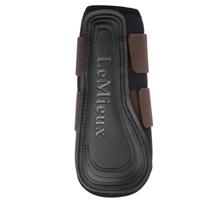 Equestrian leg guard with brown straps and 'LeMieux' branding on a white background
