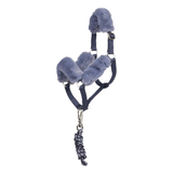 Navy blue toy horse headcollar with blue fuzzy padding on a white background
