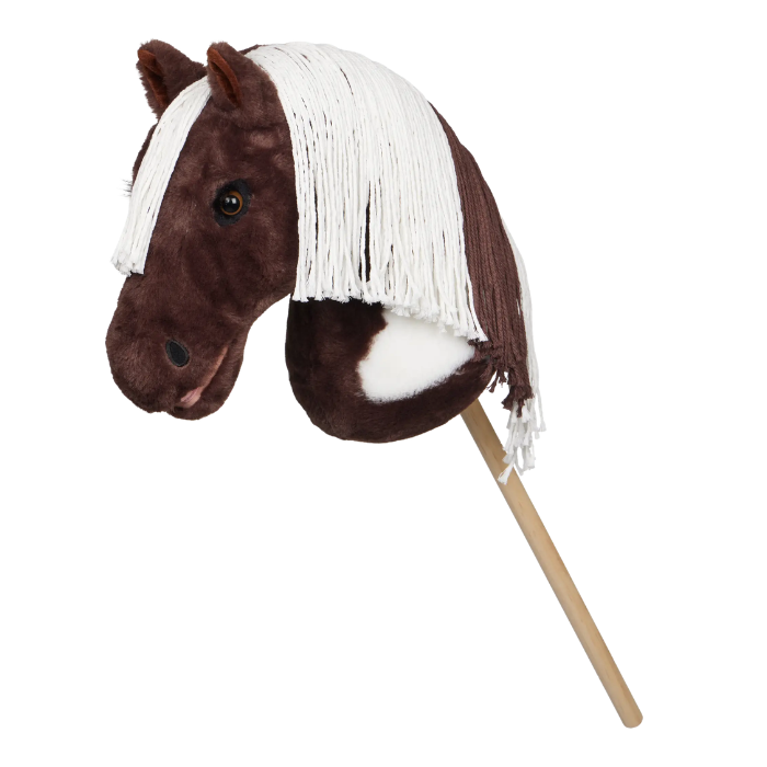 Brown and white toy hobby horse on a white background