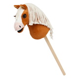 Toy plush horse on a stick with a white background