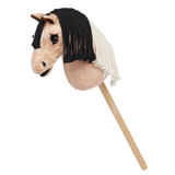 Toy plush horse on a stick with a white background