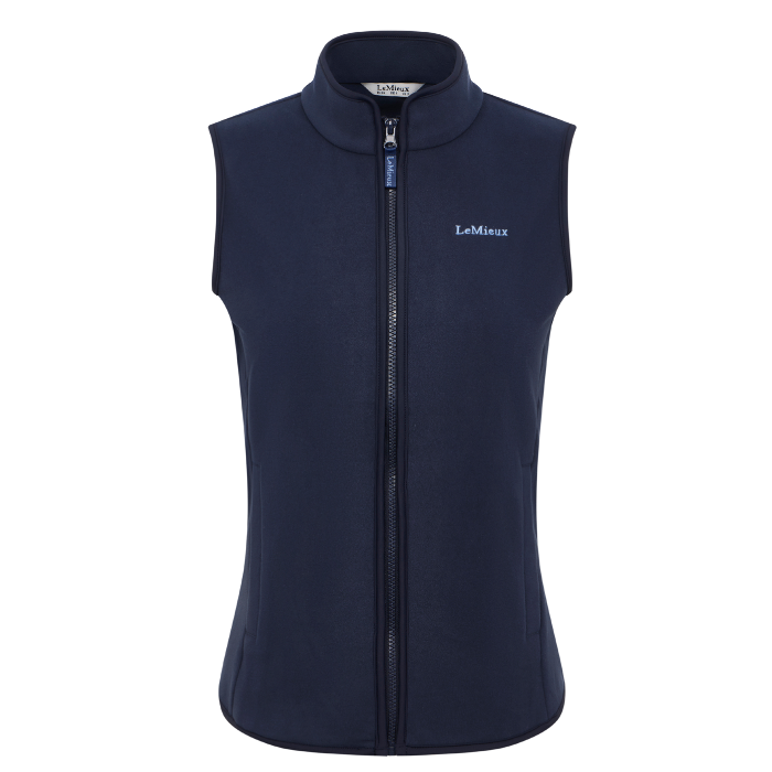 Navy zip-up fleece gilet on a white background
