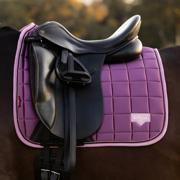 Pink saddle pad under a black dressage saddle on a horse