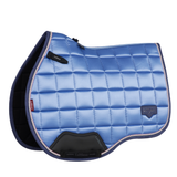 Powder blue glossy saddle pad on a white background