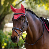 Brown horse wearing a red hood with ears in an outdoor setting