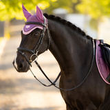 Dark horse wears a pink fly hood on a blurred outdoor background