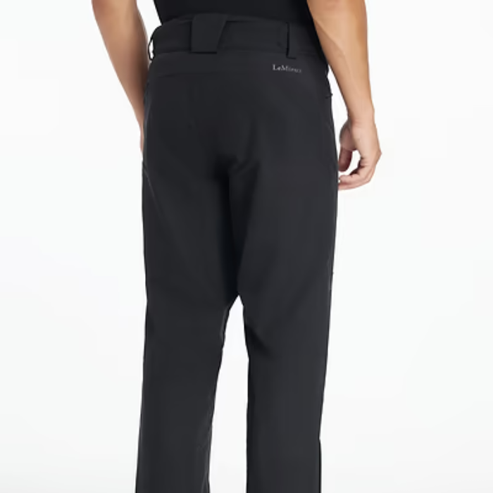 Black trousers with a visible brand logo on a white background