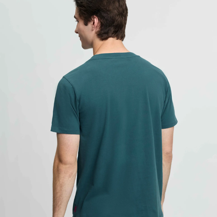 Man wears a green t-shirt on a white background